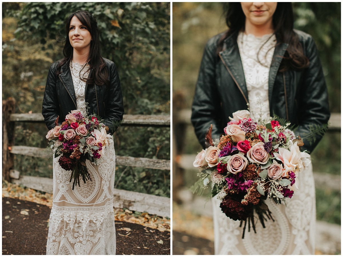 bride with leather jacket, wedding bouquet, faye & renee florals