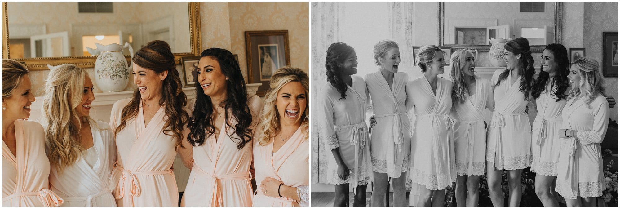 bridesmaids getting ready in robes for wedding