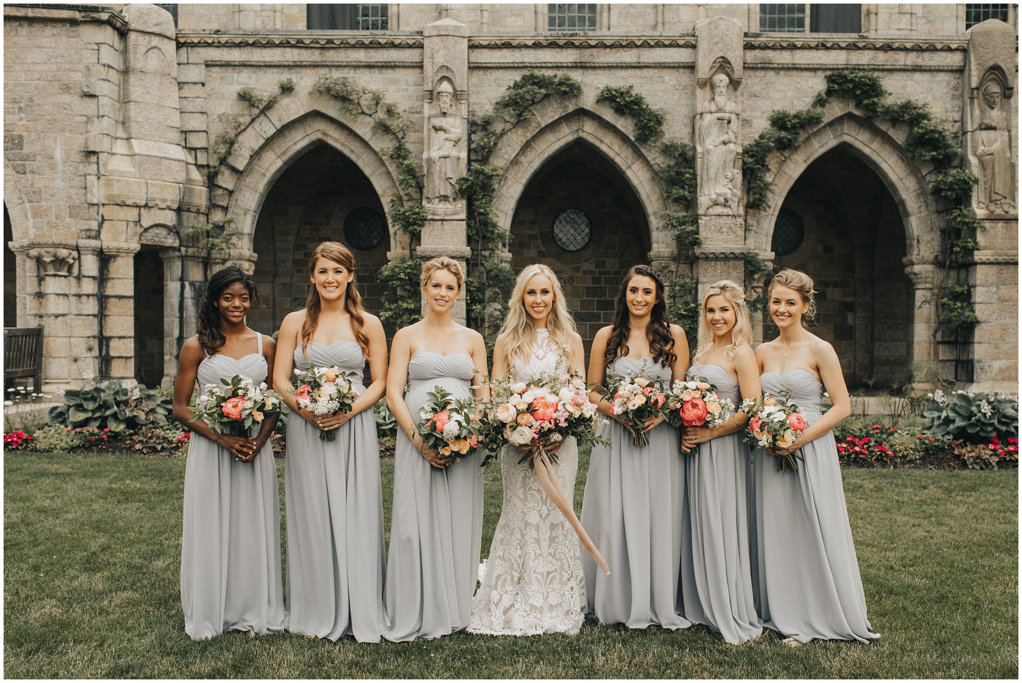 cairnwood wedding photographer, bridal party soft tones, lulus dresses, faye and renee floral
