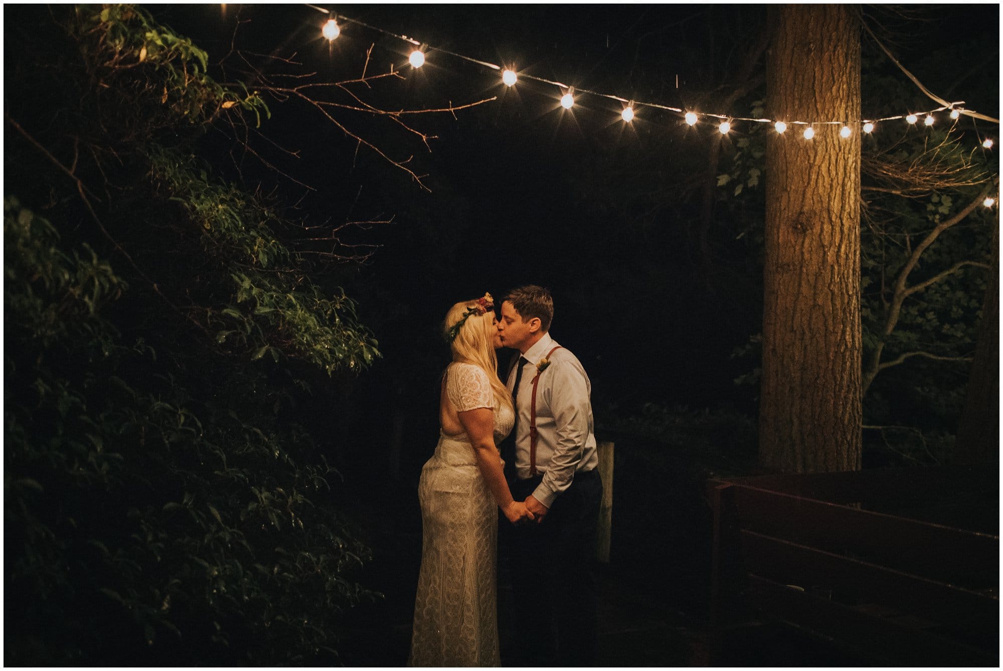 philadelphia photographer, forest wedding ceremony, forest wedding decor, outdoor reception string light photo