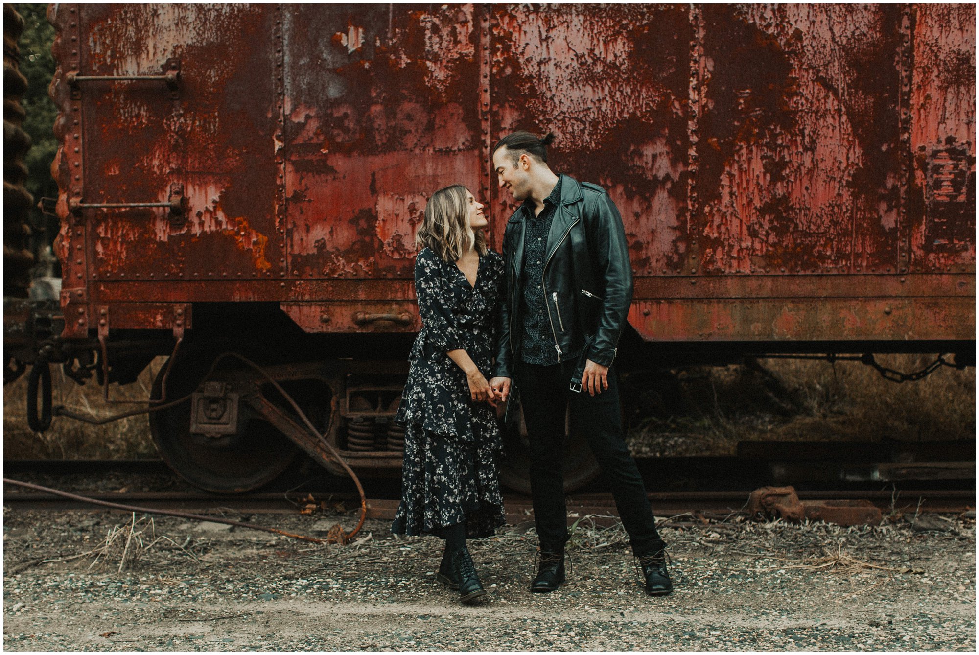 cool hipster engagement session, leather jacket bride, couple in leather jacket, nj wedding