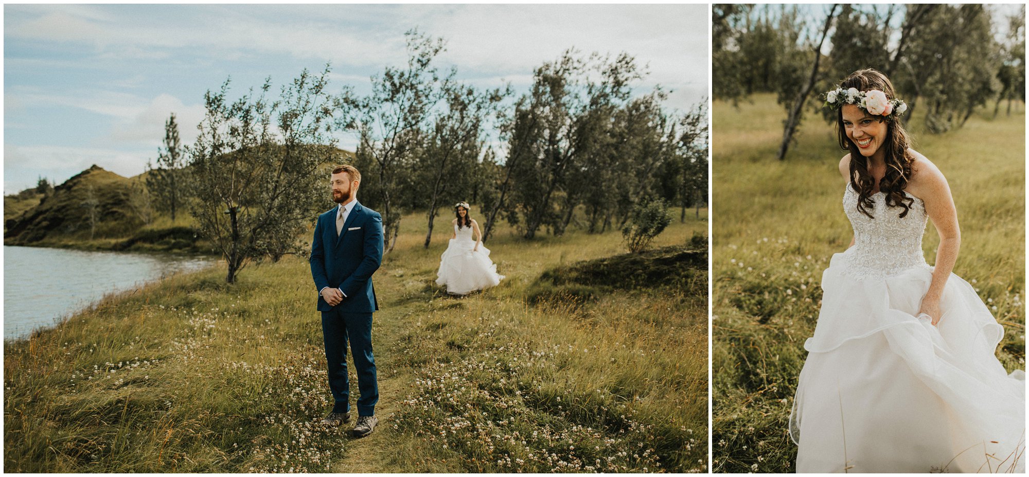 boho bride and groom first look iceland elopement