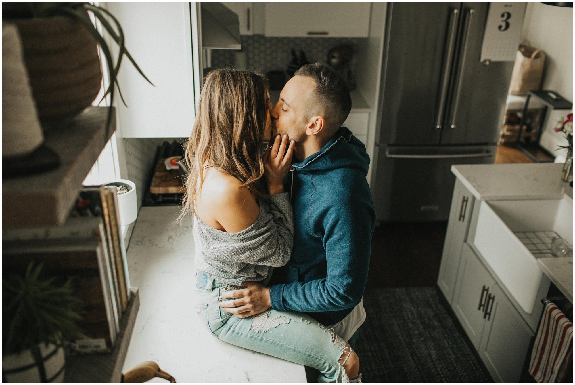 intimate at home fun engagement session in kitchen