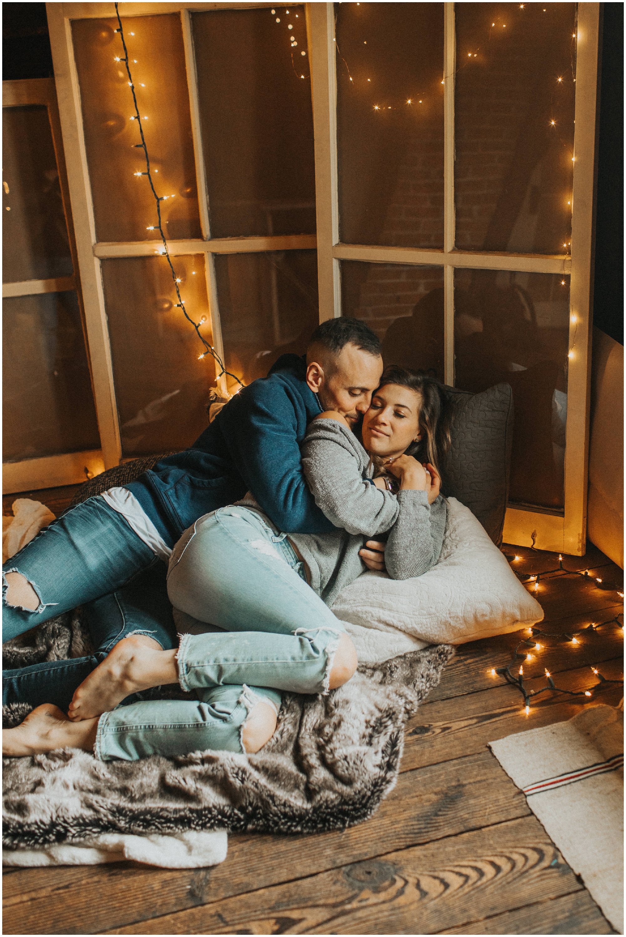 romantic engagement photos with string lights, unique engagement photos
