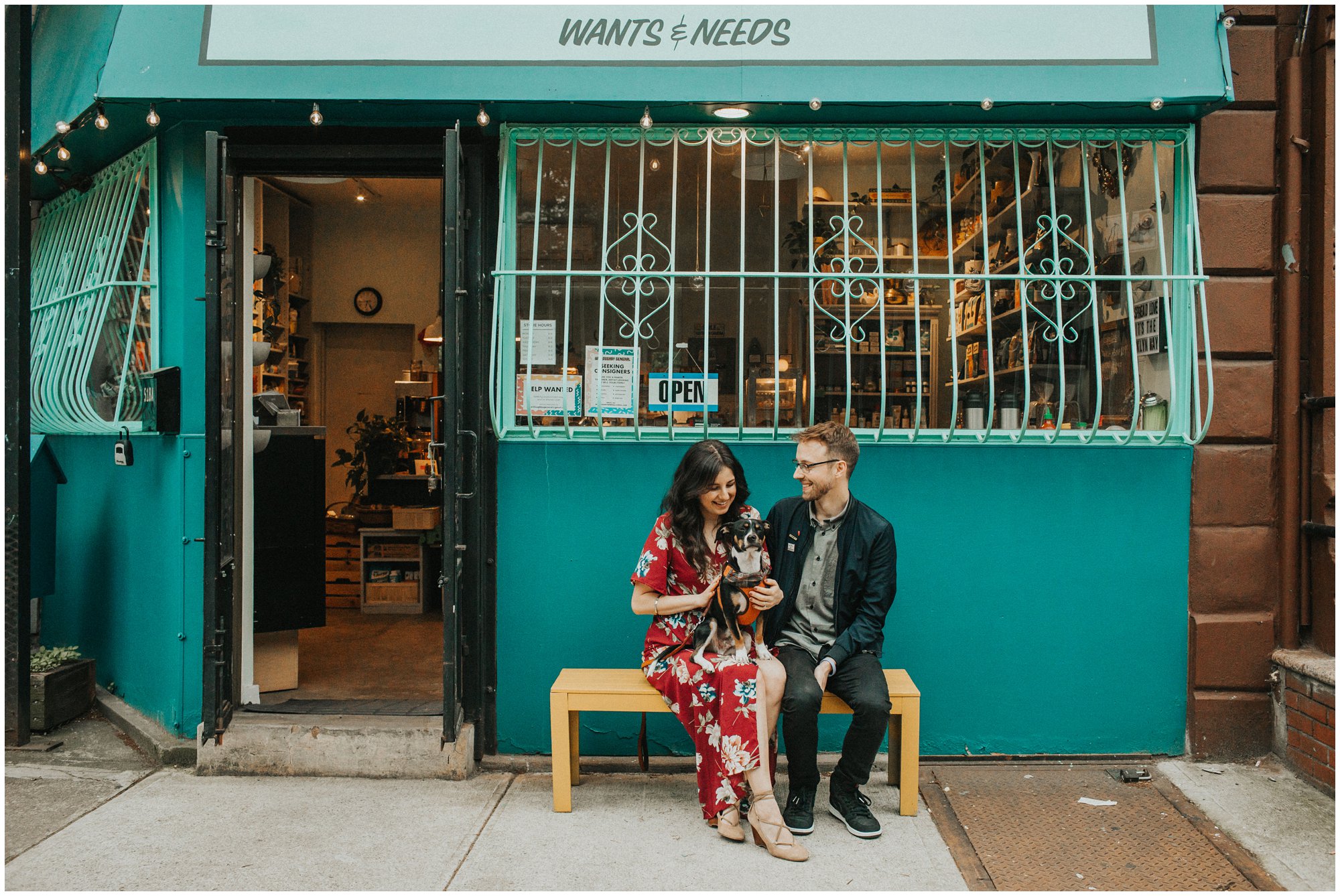 brownstone engagement photo in brooklyn new york with puppy