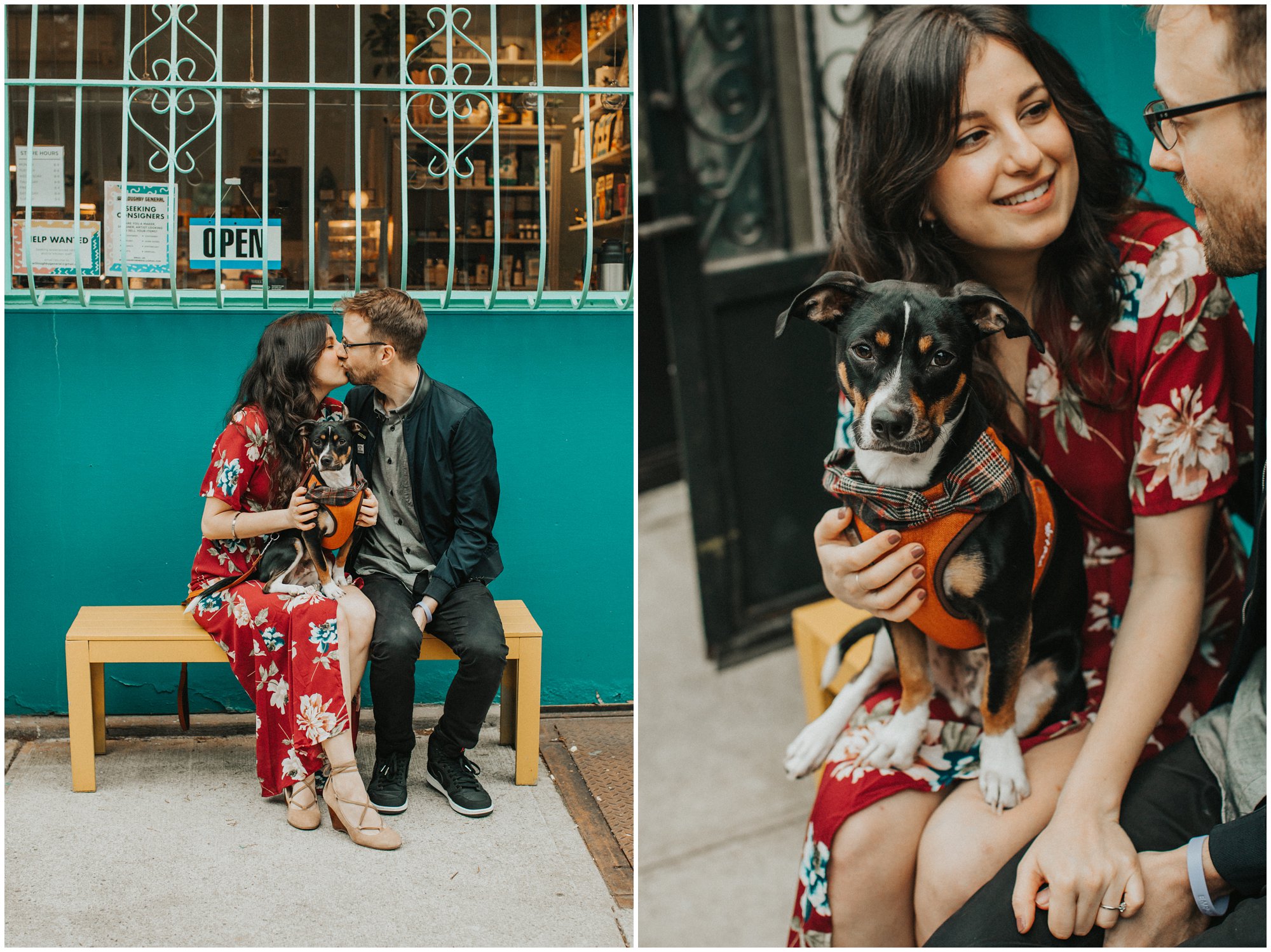 brownstone engagement photo in new york with puppy
