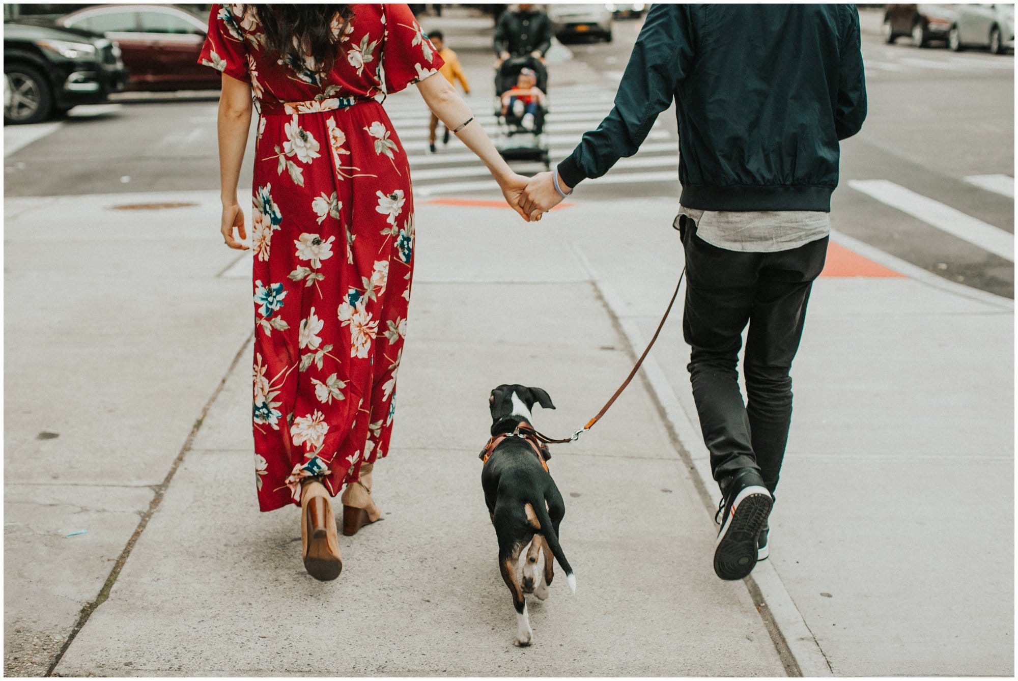 brownstone engagement photo in brooklyn new york with puppy