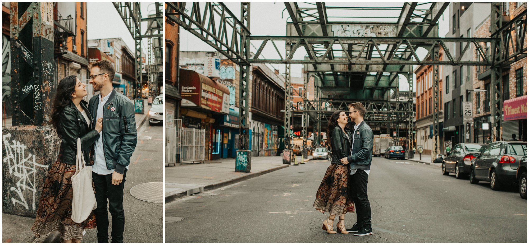 indie boho engagement photo with graffiti in Brooklyn New York