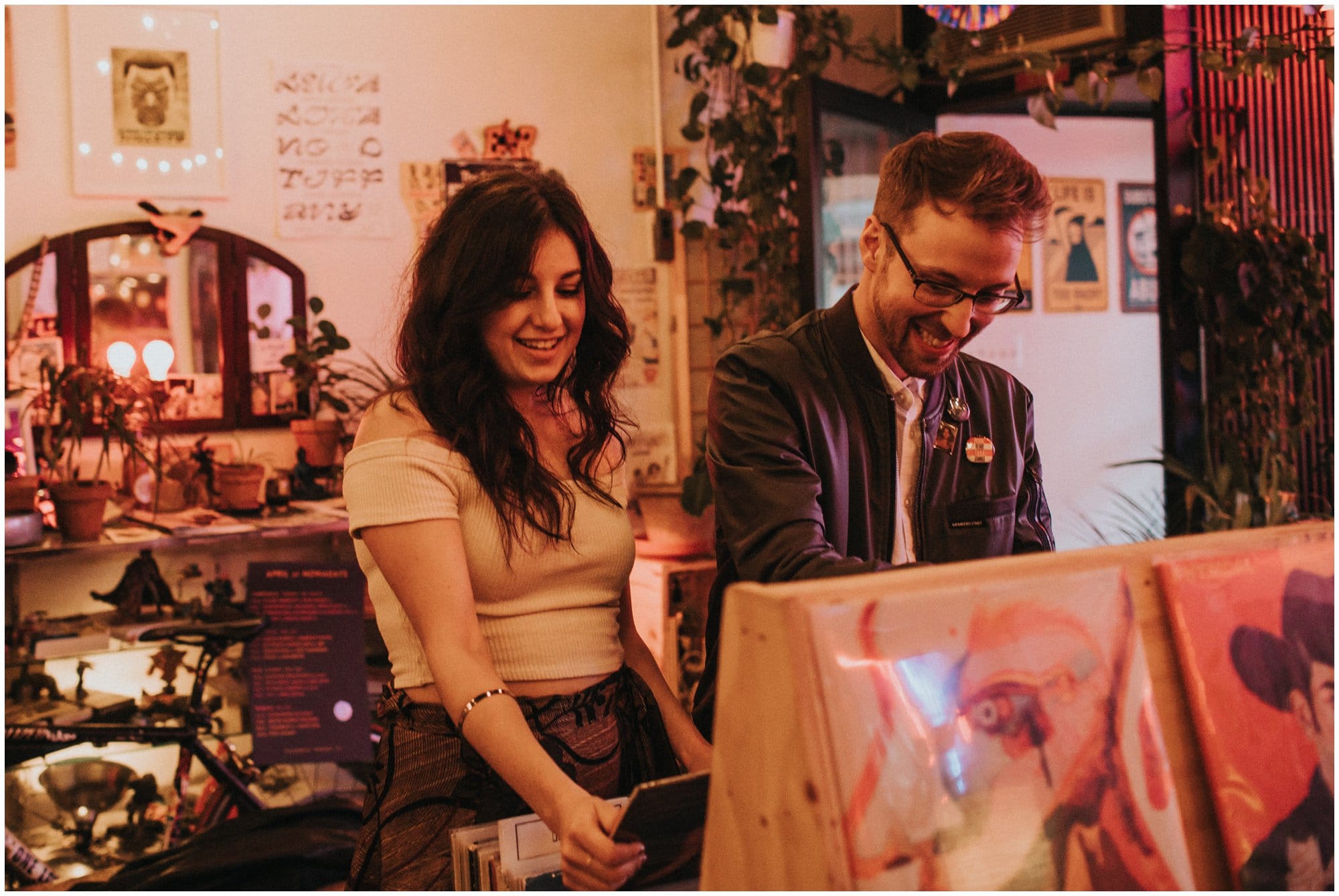 indie cool engagement photo win record shop in brooklyn new york