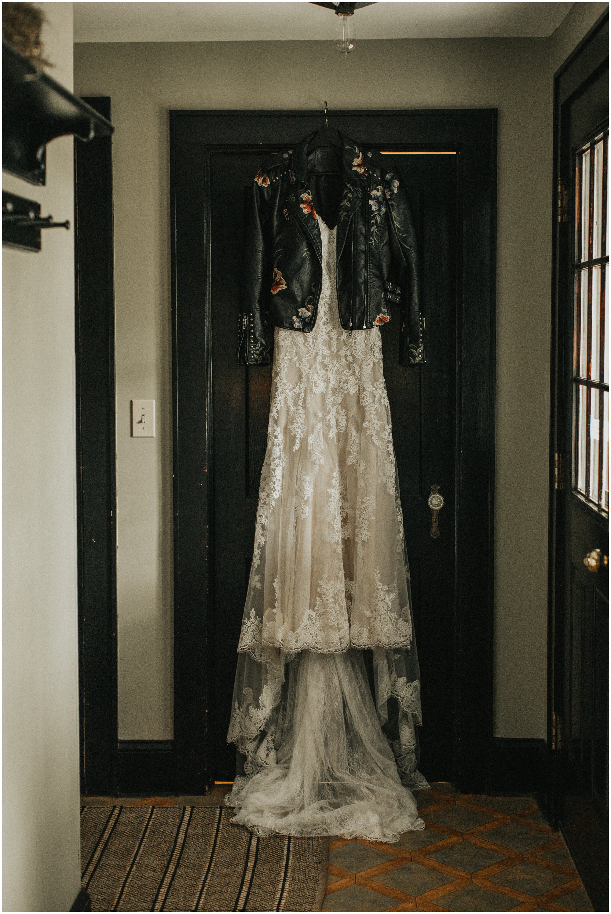wedding dress with embroidered leather jacket