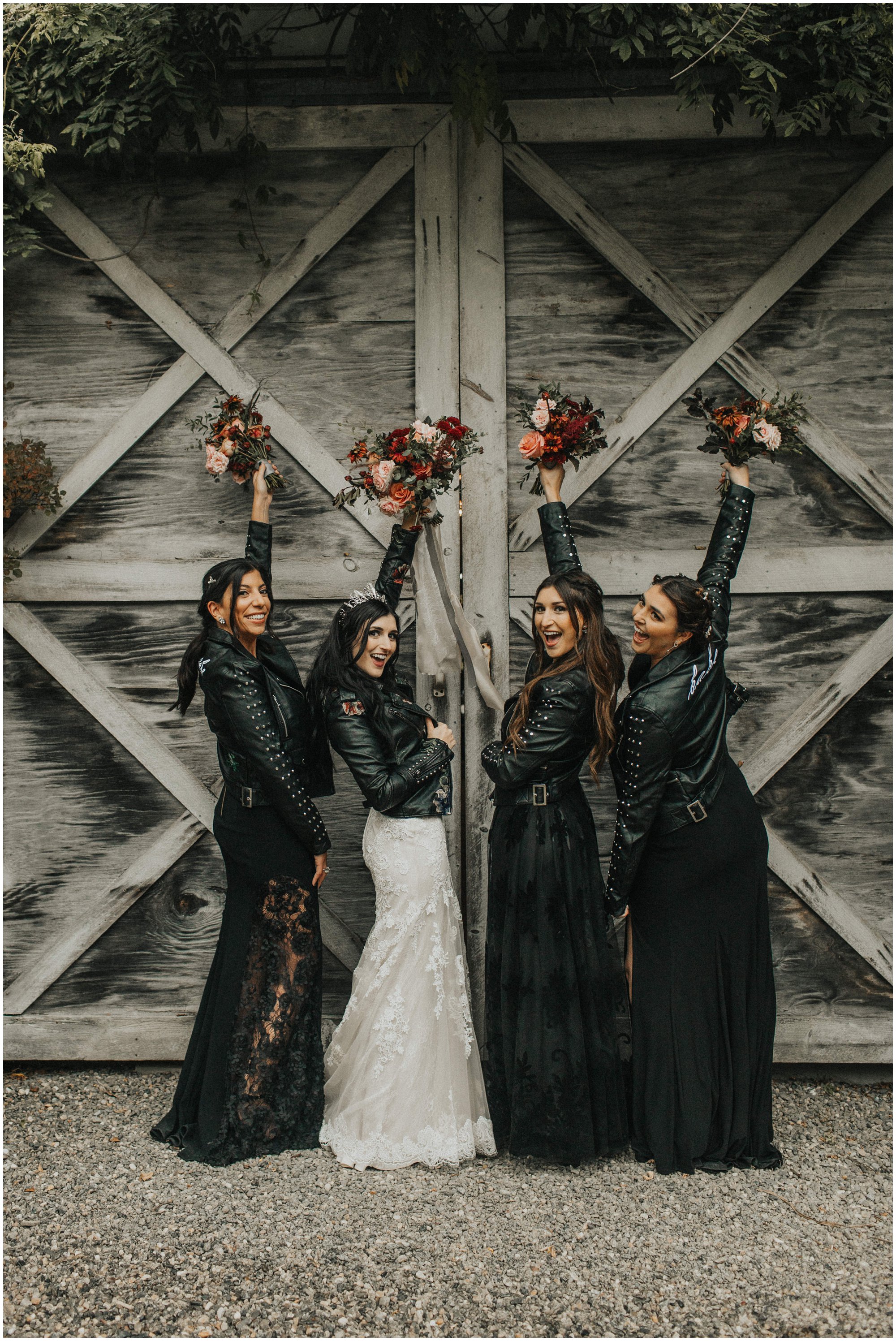 rocker bridesmaids in leather jackets